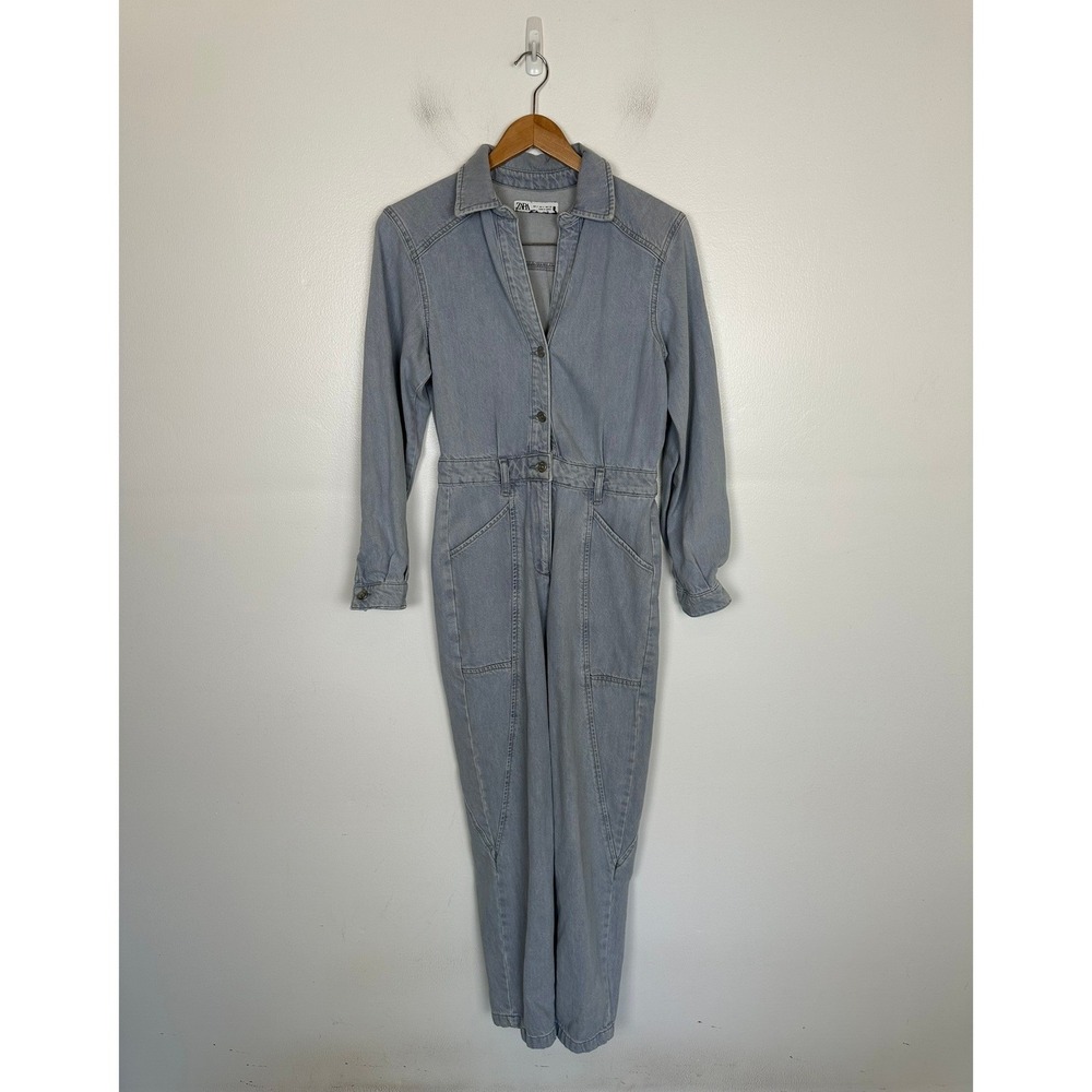 Zara Womens Denim Long Sleeve Utility Jumpsuit Size S Button Front Y2K Tapered
